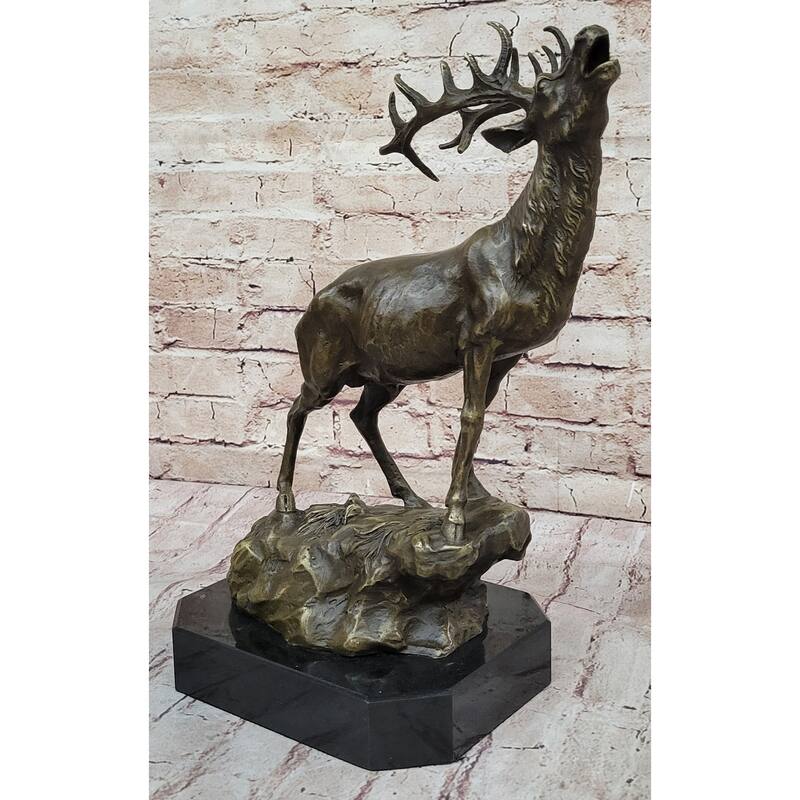 Chalet Lodge Art Elk Stag Buck Deer Hunter Bronze Marble Base Sculpture Statue