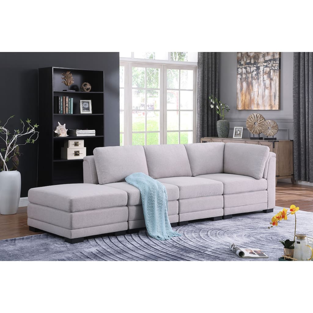 Upholstered Reversible Modular Sofa with Ottoman in Light Gray