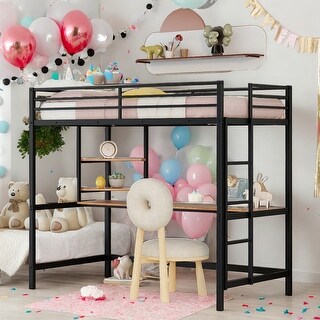 Twin Metal Loft Bed with Desk, Shelve, Ladder and Guardrail, Espresso