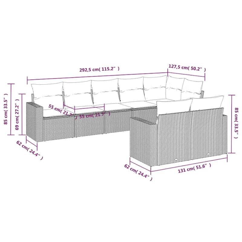 vidaXL Patio Sofa Set Modular 8-Piece Garden Sofa Set Rectangular Modern - 24.4 x 25.8 x 27.2