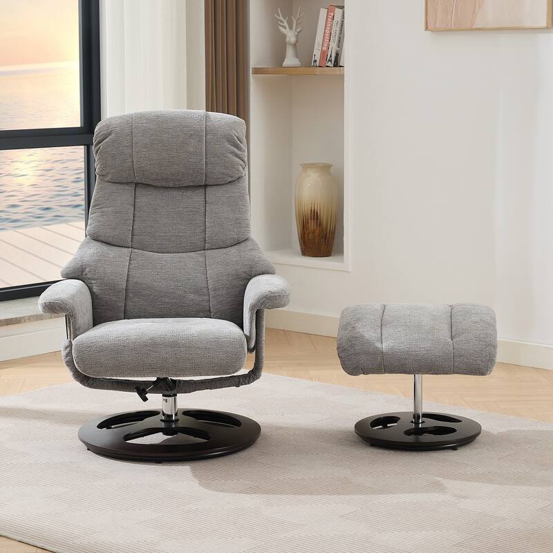 Recliner Chair with Ottoman, 360° Swivel Lounge Chair with Footstool, Chenille Fabric, Seat Heating & 140° Adjustable Backrest