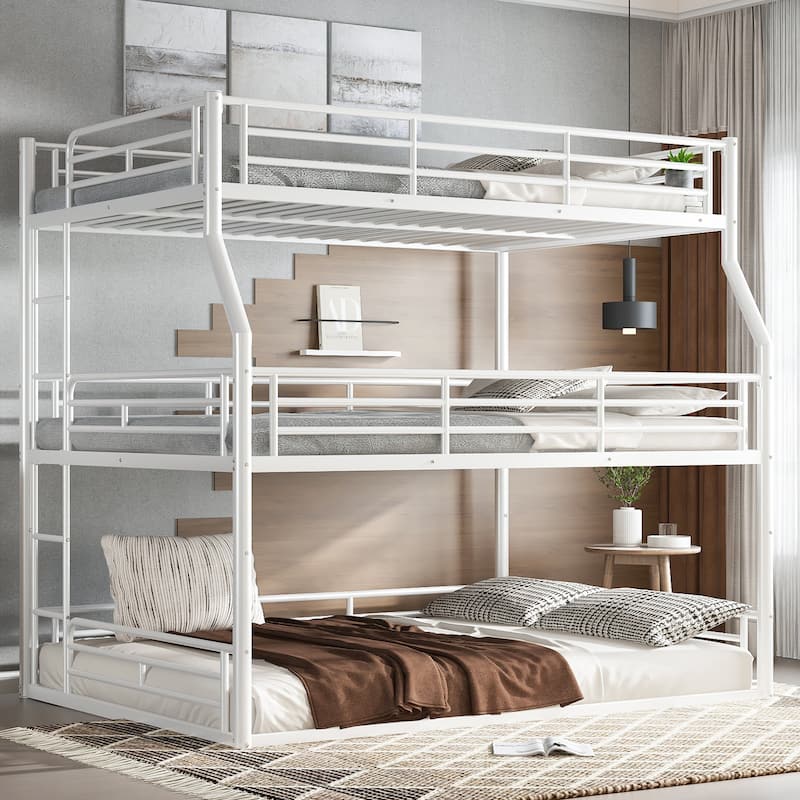 Full XL over Queen over Queen Bunk Bed, Metal Triple Bunk Bed with Safety Guardrails, Bunk Bed with Noise-reduced Design - Light White