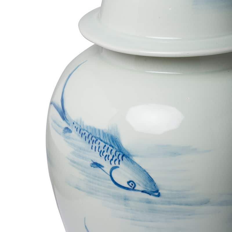 19 Inch Ginger Jar, Lidded, Painted Blue Koi Fish Over White Porcelain