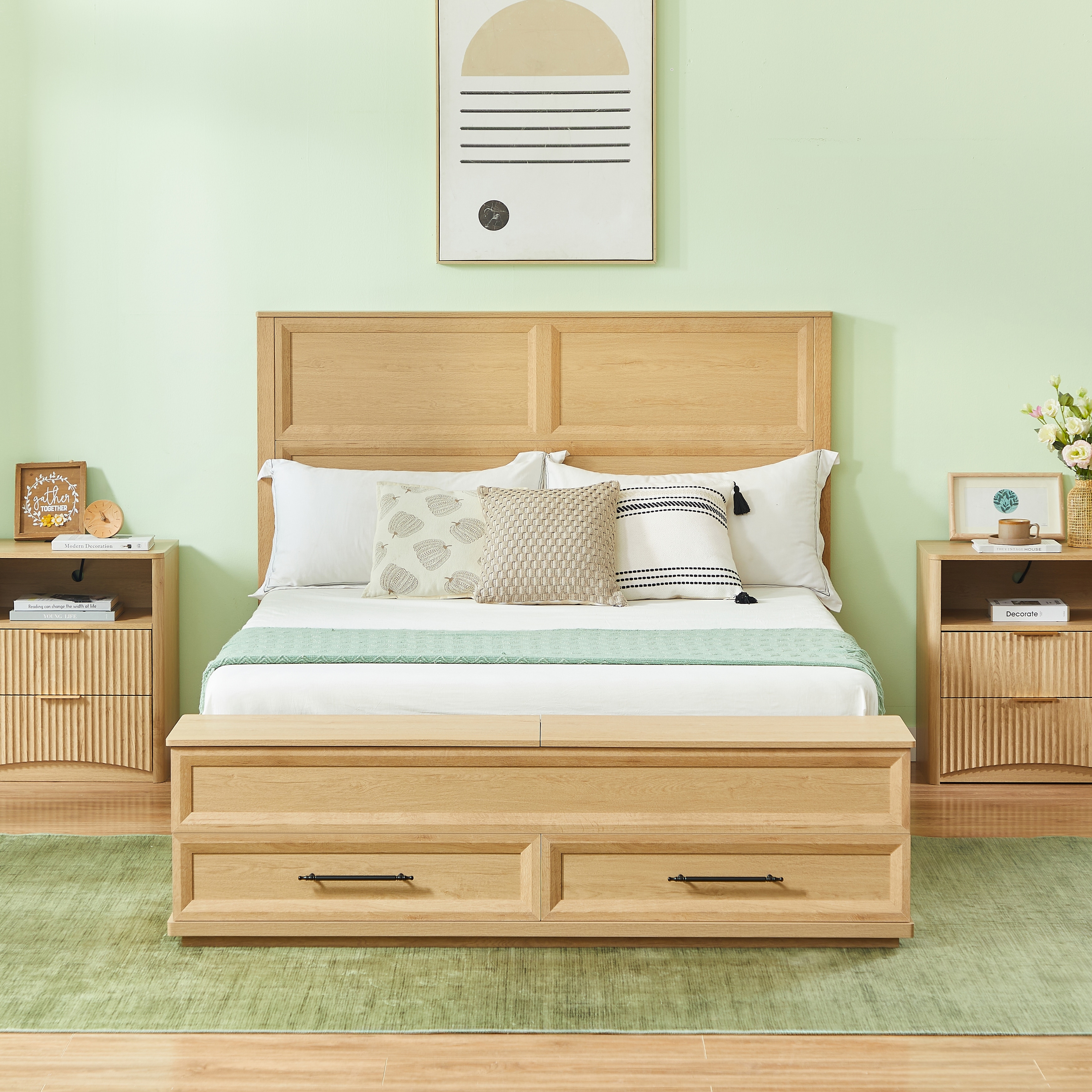 Queen Size Platform Bed Frame with Drawers & Wood Headboard