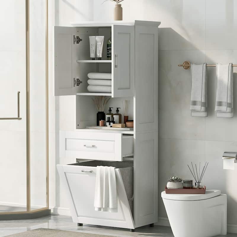 Freestanding Tall Bathroom Double Door Storage Cabinet with Removable Laundry Basket, Open Shelf, Drawer and Adjustable Shelf - White