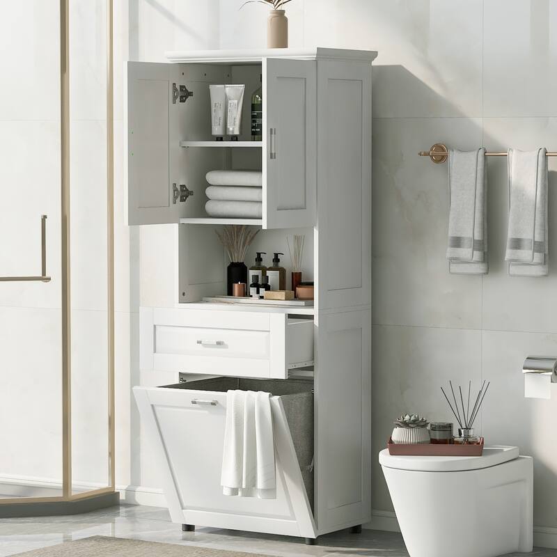 GDFStudio - Harper Elms Tall Bathroom Storage Cabinet with Tilt-Out Laundry Hamper and Upper Organizer - White - Tall Bathroom Cabinet