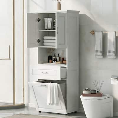 Tall Bathroom Cabinet with Tilt-Out Laundry Basket and Upper Storage Cabinet
