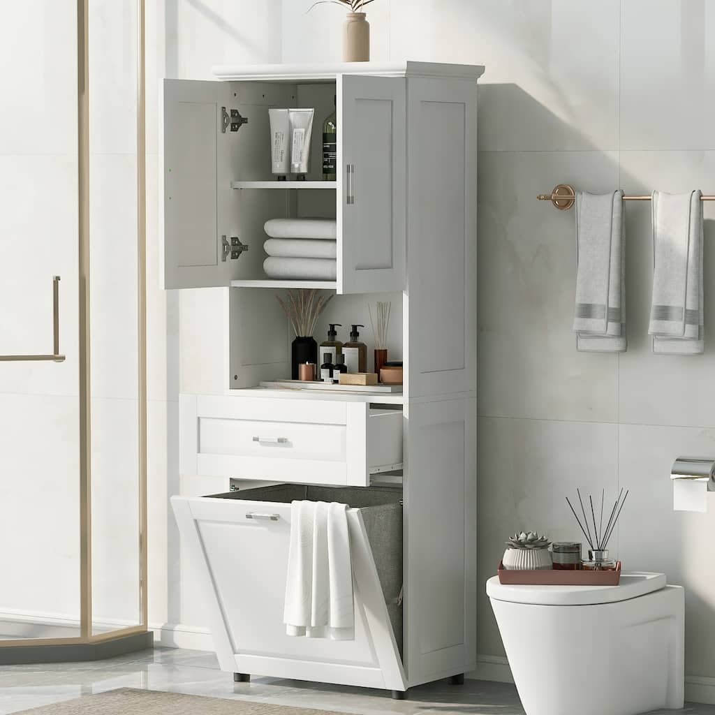 Tall Bathroom Cabinet with Tilt-Out Laundry Basket and Upper Storage Cabinet