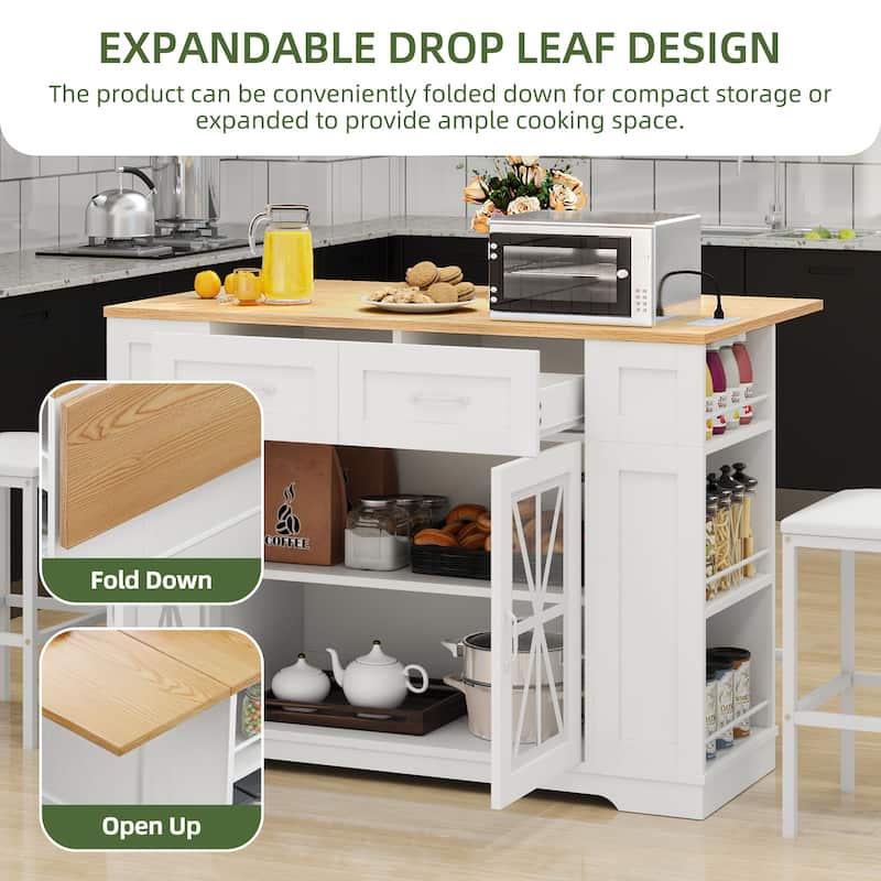 Moasis 3 PCS Kitchen Island Set with 2 Bar Stools,Moible Table with Drop Leaf & Power Outlet