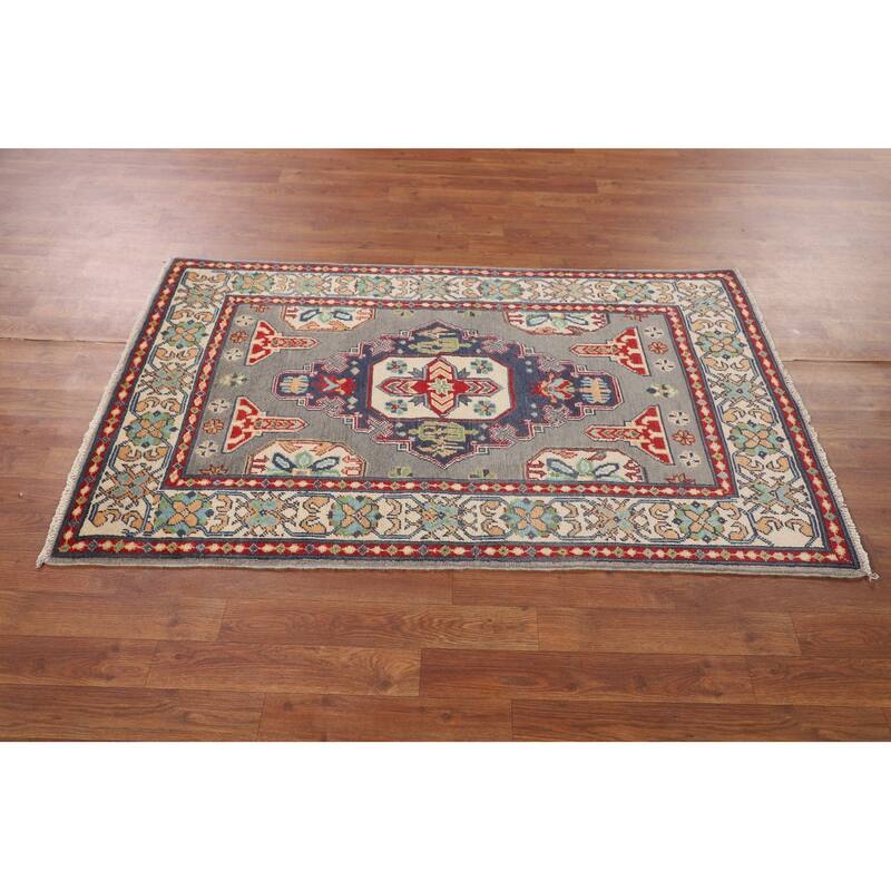 Geometric Kazak Accent Rug Handmade Grey Wool Carpet - 3'1" x 5'1"