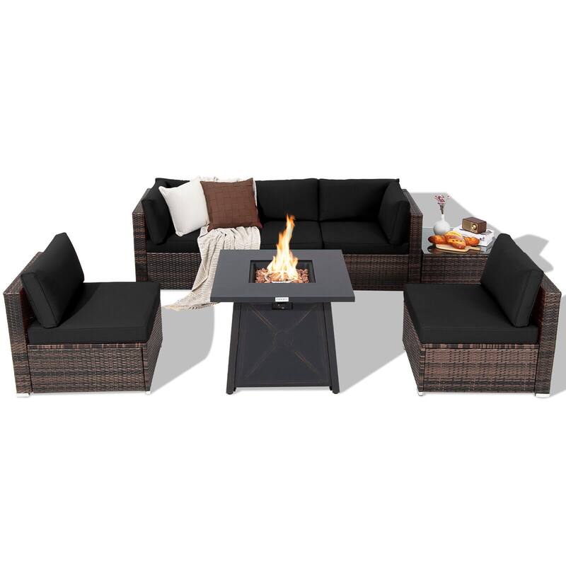 Gymax 7PCS Rattan Patio Sectional Furniture Set w/ 30'' Fire Pit Table