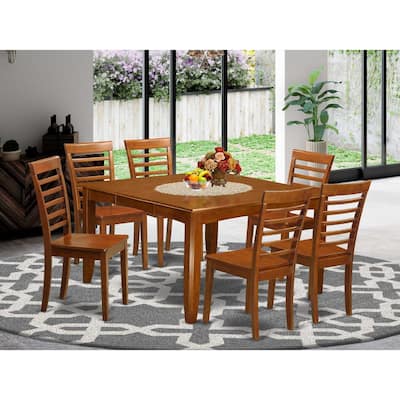 HomeStock 7-Piece Square Saddle Brown Finish Solid Wood Top Dining Table with 6-Chairs with Lattice Back