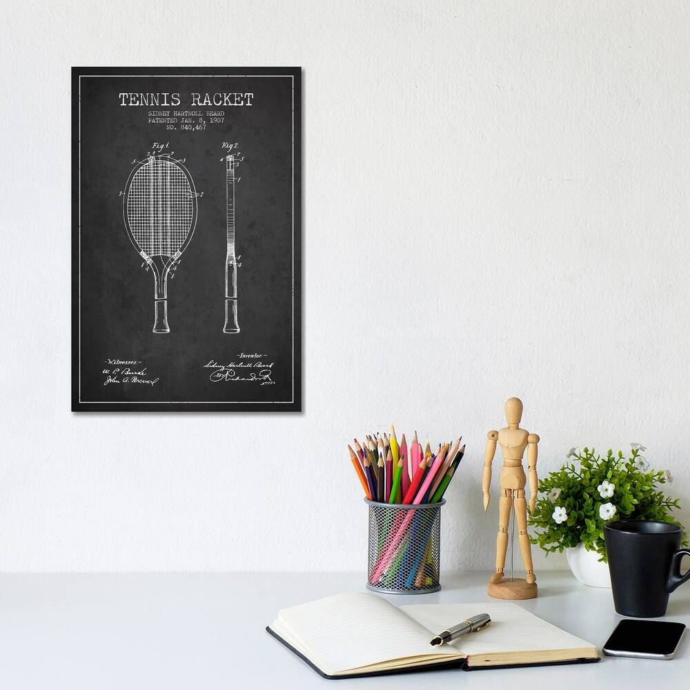 iCanvas "Tennis Racket Charcoal Patent Blueprint" by Aged Pixel Canvas Print