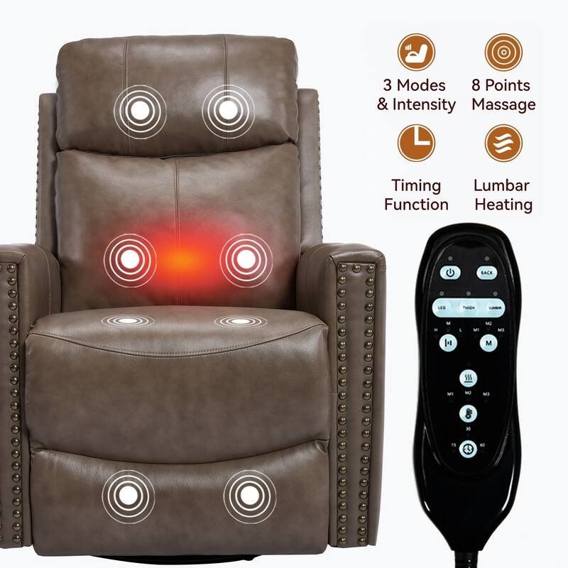 Roomfitters Genuine Leather Swivel Rocker Recliner, Manual Massage Glider with Heat and Top Grain Cowhide, Living Room