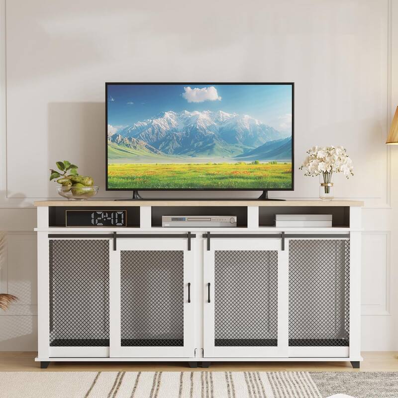 71" Extra Large Dog Crate Furniture, Wooden Double Dog Crates Kennel Cage - White+Light Oak