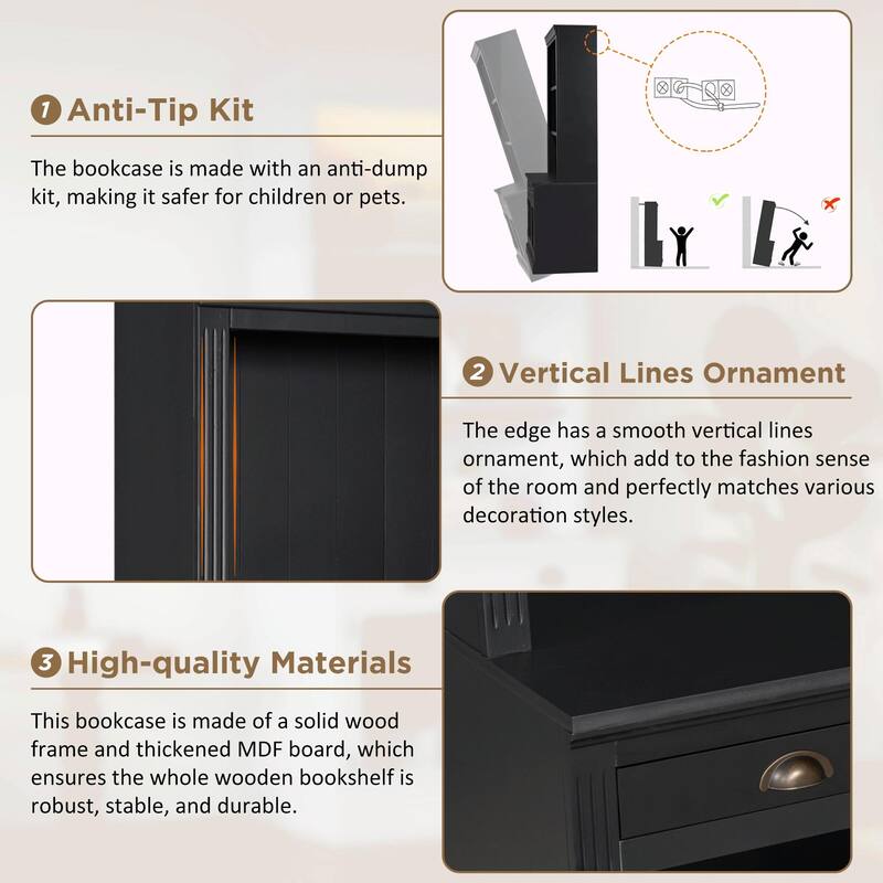 83.4" Tall Bookshelf, Modern Bookcase with 2 Glass Doors, 1 Drawer & Open Shelves