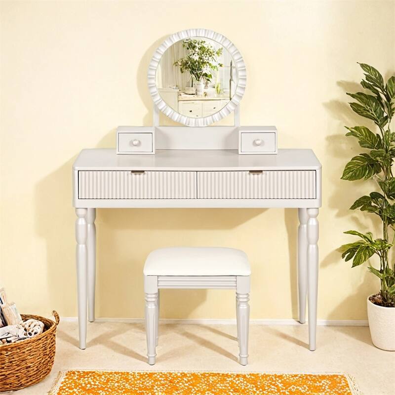 Luxury Vanity Desk w/Round Mirror,Height-Adjustable,Dressing Table Set