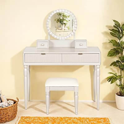 Luxury Vanity Desk w/Round Mirror,Height-Adjustable,Dressing Table Set