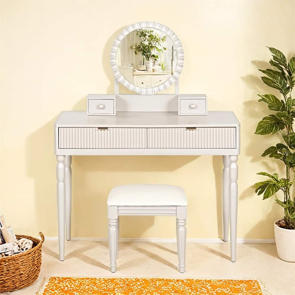 Luxury Vanity Desk w/Round Mirror,Height-Adjustable,Dressing Table Set