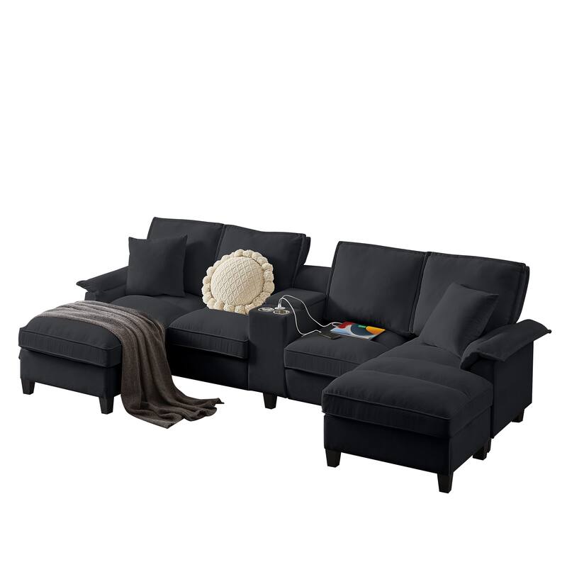 Sectional Sofa Bed Sleeper Sofa with Storage, U-Shaped 4-Seater Chaise Lounge Sofa with Cup Holders & USB Charge
