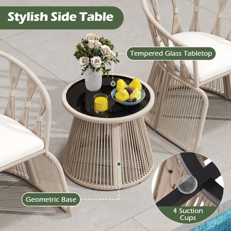 3 Piece Beige Rope Woven Metal Patio Bistro Set with Off White Cushions and Table - Chair: 27.5" x 25.5" x 31" (L x W x H)