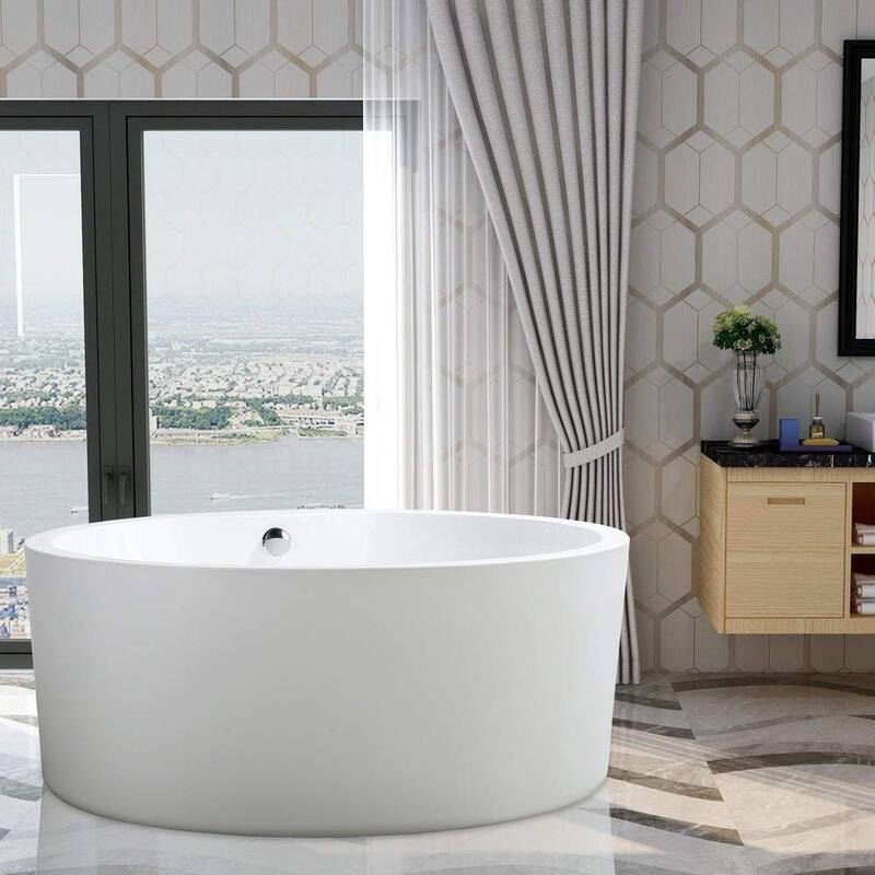 Vanity Art 59-Inch Freestanding Acrylic Bathtub Modern Stand Alone Soaking Tub with Chrome Finish Overflow & Pop-up Drain