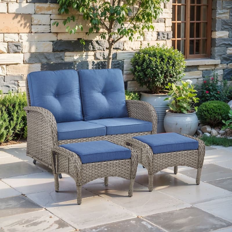 Pocassy 3 Pieces Glider Sofa Loveseat with Ottomans - Gray Wicker - Blue cushion
