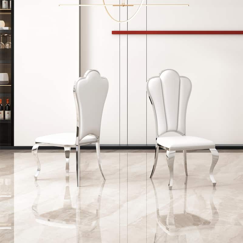 Set of 2 Modern Leatherette Armless Dining Chairs with Stripe - White+Silver