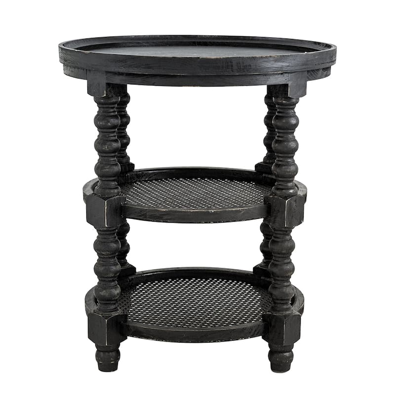 GDFStudio - Jonah Traditional Three-Tier Side Table with Rattan Shelves and Turned Wood Legs - 25.6"