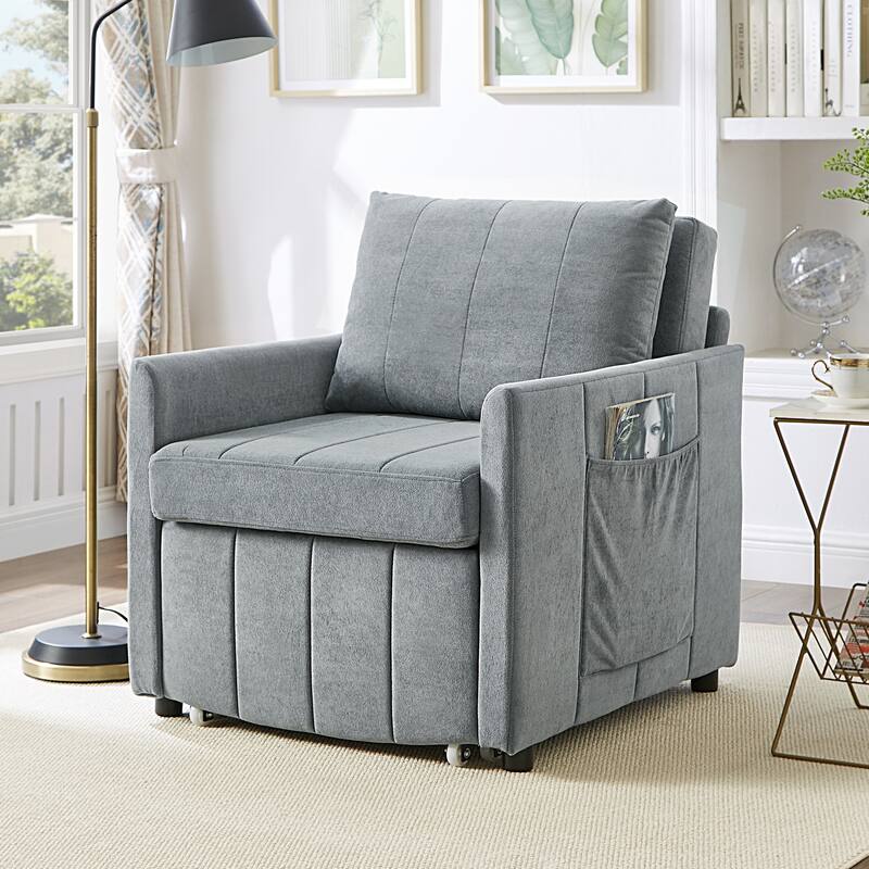 31.5" Pull Out Convertible Sleeper Sofa with 5-Position Adjustable Backrest, Side Pockets, Storage Basket, Grey Chenille