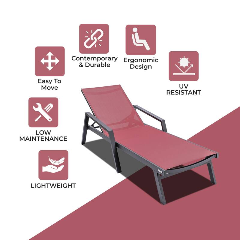 Marlin Outdoor Sun Chaise Lounge Chair with Arms - Stackable Mesh Recliner for Pool, Beach, Patio, Garden, Deck or Backyard