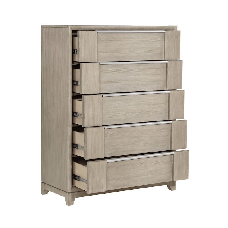 Modern 4pc Storage Bedroom Furniture Bed Dresser Mirror Chest Set Light Gray Finish