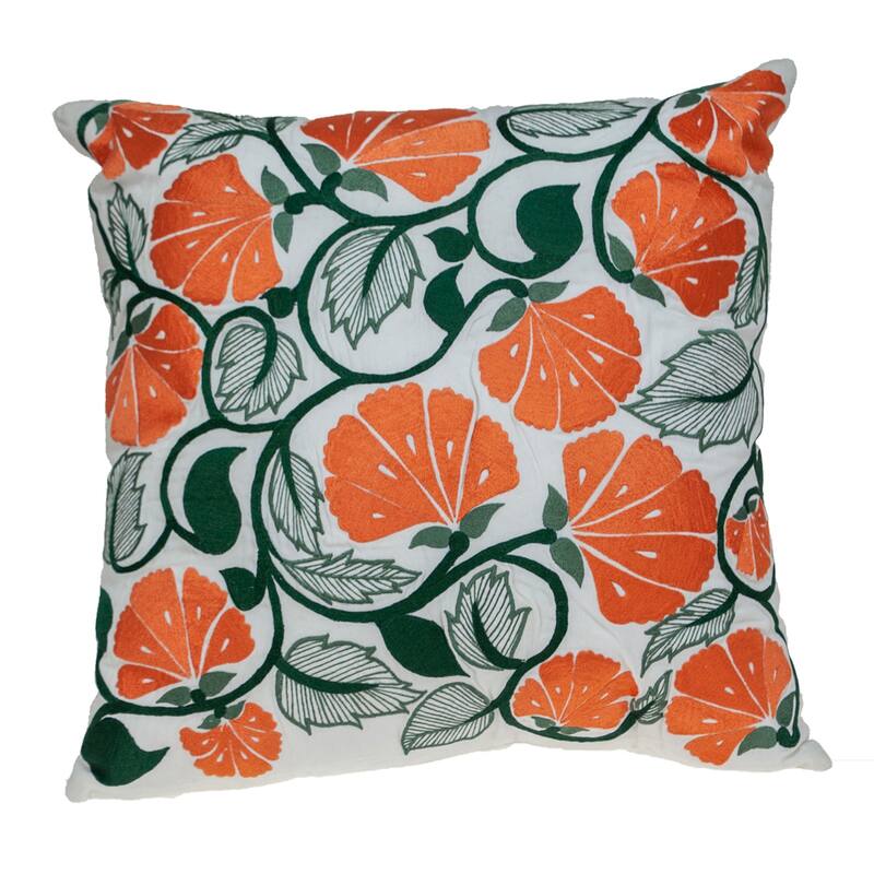 Floral Embroidered Cotton Square Throw Pillow - 22" - White and Orange
