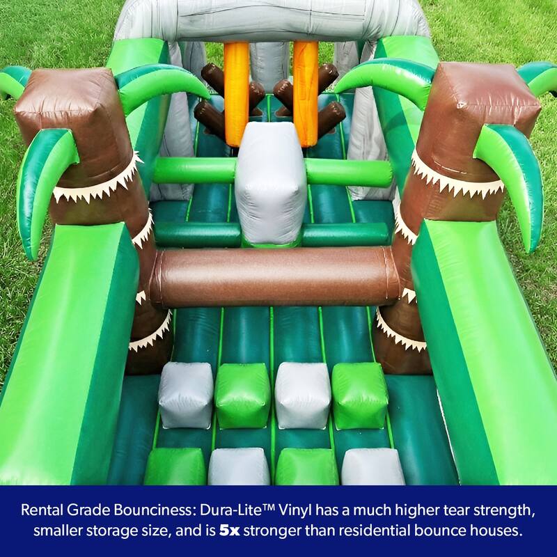 HeroKiddo T-Rex Adventure 20' Inflatable Obstacle Course, Commercial Grade PVC Vinyl, for Kids and Adults, Air Blower Included - Kids - Green - SIZE: 20' L x 8' W x 9.6' H