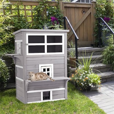 3-Tier Outdoor Cat House with Window, Escape Door, Jump Platforms, and 5 Access Doors - 38.5"L x 27"W x 48"H