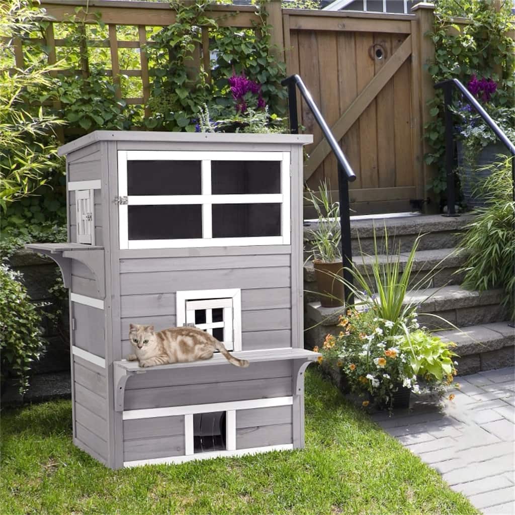 3-Tier Outdoor Cat House with Window, Escape Door, Jump Platforms, and 5 Access Doors - 38.5"L x 27"W x 48"H