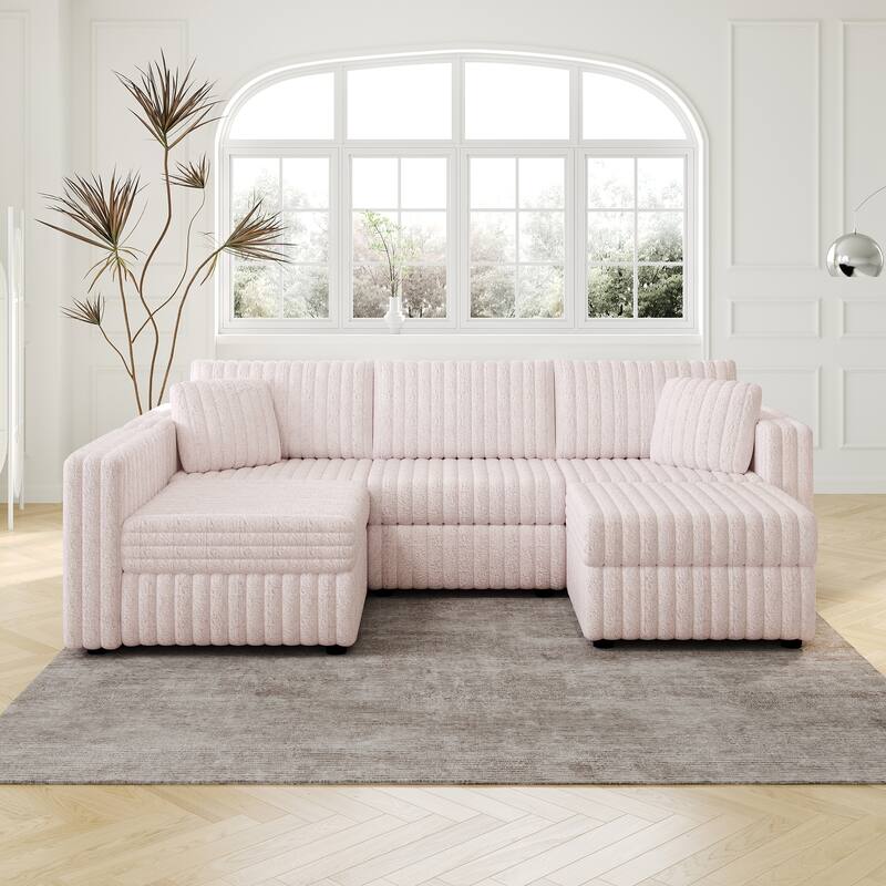 106.3" Soft U-shaped 4-Person Modular Sofa with Ottoman, Light Pink, Metal Frame