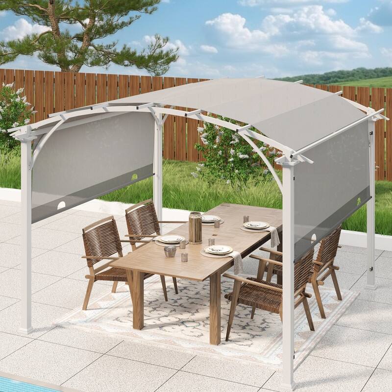 EAGLE PEAK 11.4x11.4 Outdoor Pergola with Retractable Textilene Sun Shade Top, Wood Looking Steel Frame Arch Patio Pergola - Grey