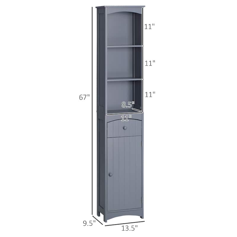 Modern Grey Bathroom Organizer Cabinet with Multi-Tier Shelves and Storage Drawer - 13.5" W x 9.5" D x 67" H