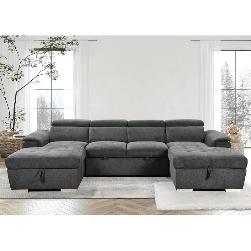 Roomfitters U-Shaped Sleeper Sofa, 121" Oversized 2 in 1 Pull-Out Bed, Sectional Sofa with Double Storage Chaise - Dark Grey