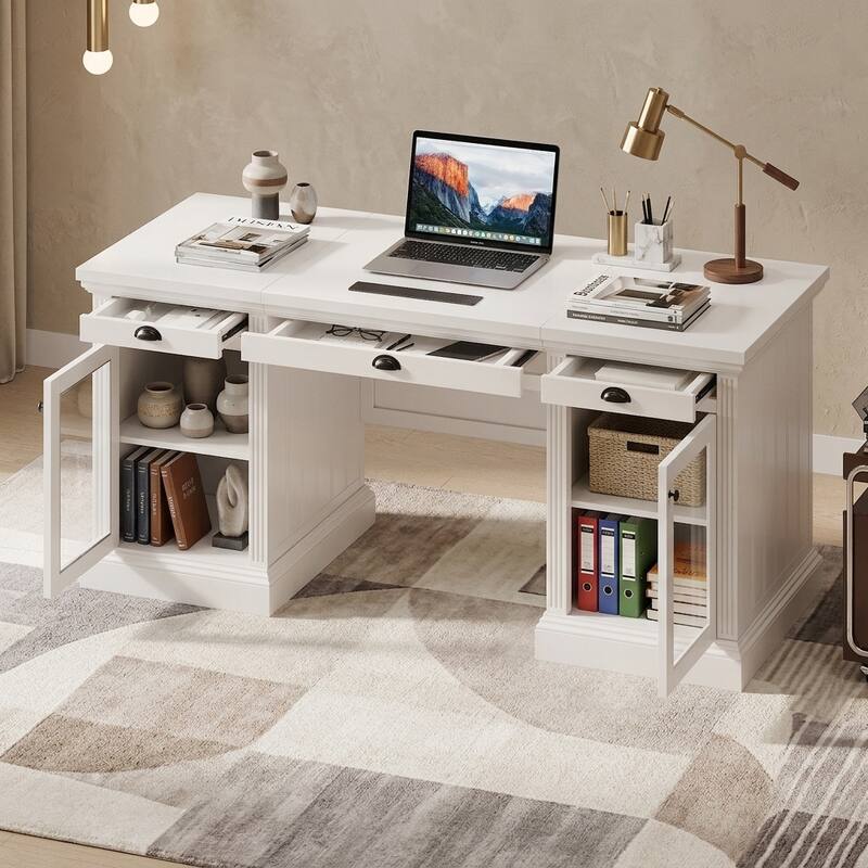 Merax Executive Storage Desk with Hidden Power Hub and Glass-Door Cabinets