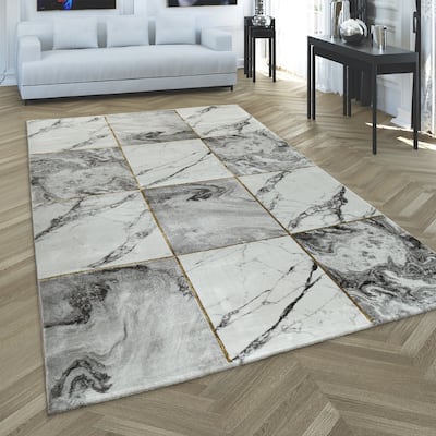 White Gold Grey Living Room Rug with luxurious Marble Pattern in 3D