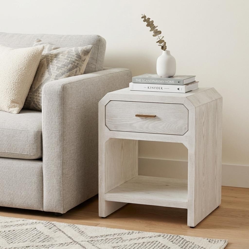 HomeRoots 20" White Wood Faceted End Table With Drawer And Shelf - 16.00 in. x 19.90 in. x 16.00 in.