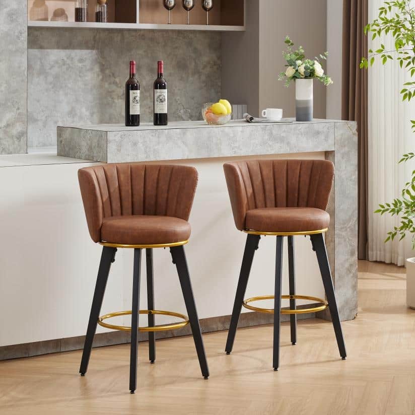 Counter Height Bar Stools Set of 2 Swivel Upholstered Back Metal Legs 26in Velvet Gold Footrest