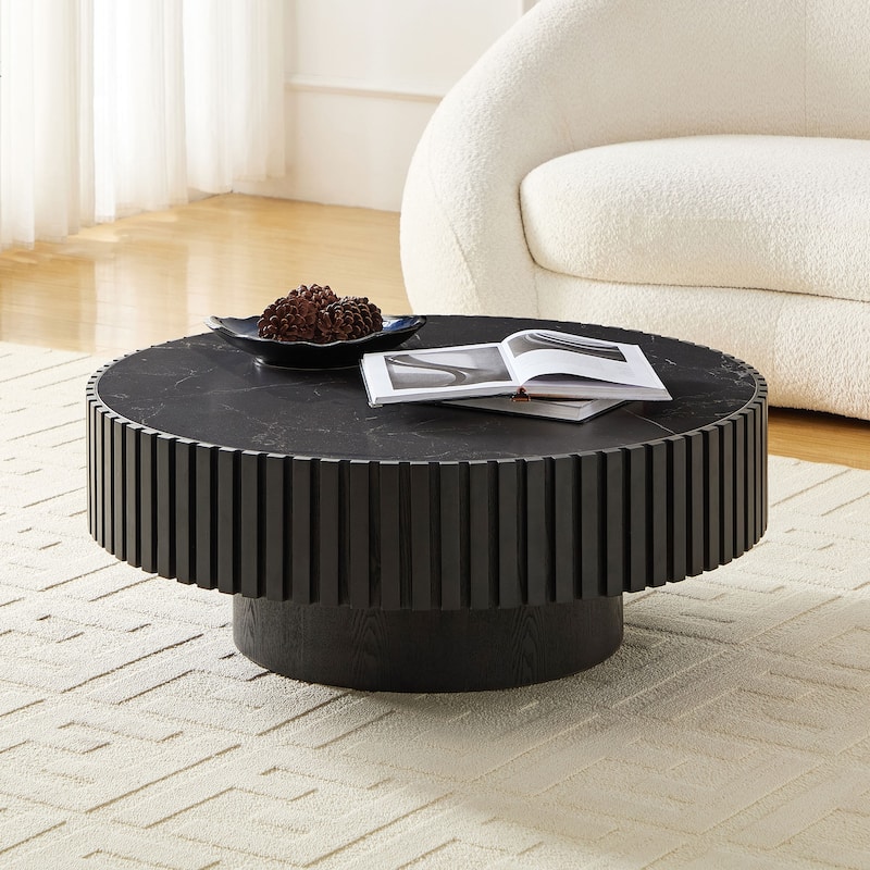 Luxury Round Coffee Table with Faux Marble Top, 35.43" Modern Low Drum Shape Cocktail Table for Living Room, Reception Room