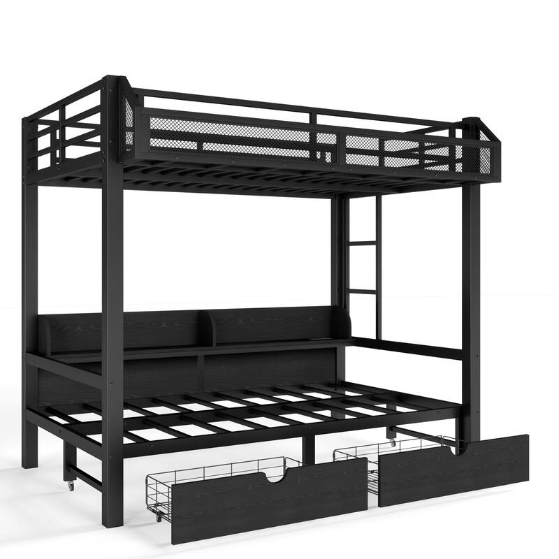 Twin over Twin Bunk Bed with Storage Shelves and Drawers, Multifunctional Metal Bunk Beds with USB Ports and LED Lights
