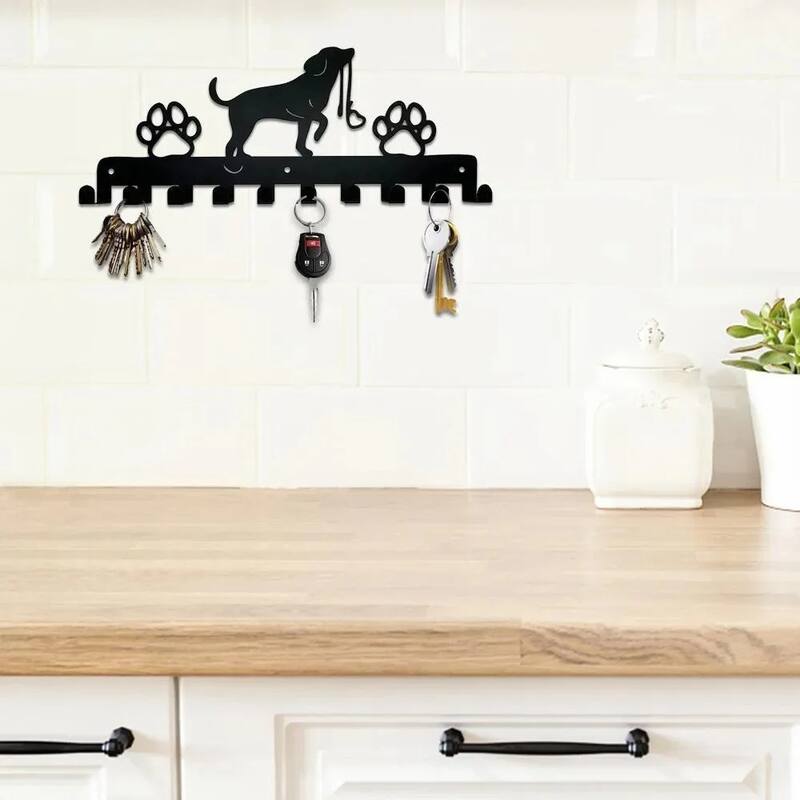 Black Metal Cute Dog Wall Hanging Storage Rack with Hooks for Home Entryway or Coat - 11.81”L x 4.96”H
