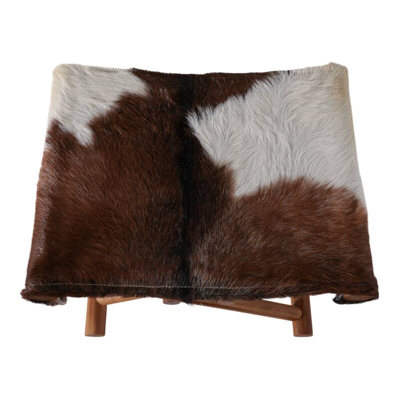 Foldable Backless Cowhide Storage Stool with Solid Wood Frame