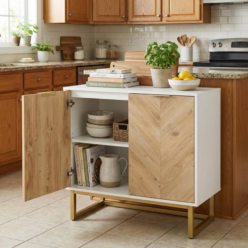 Homy Casa Herringbone Accent Cabinet, Adjustable Shelf, Living Sideboard - Wood