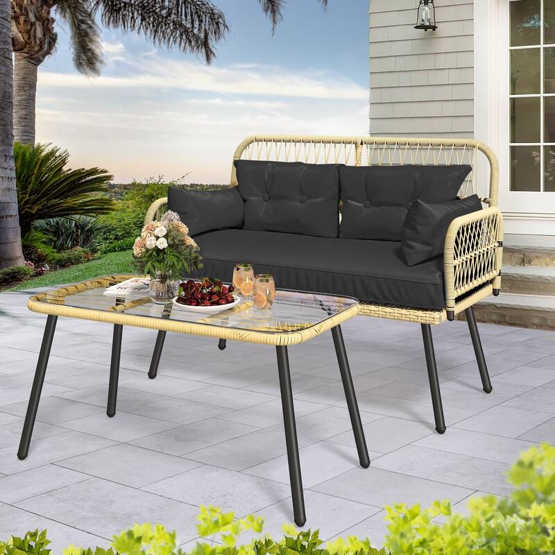 Moasis 2-Piece Rattan Patio Set with Glass Table - Outdoor Loveseat & Cushions - Black